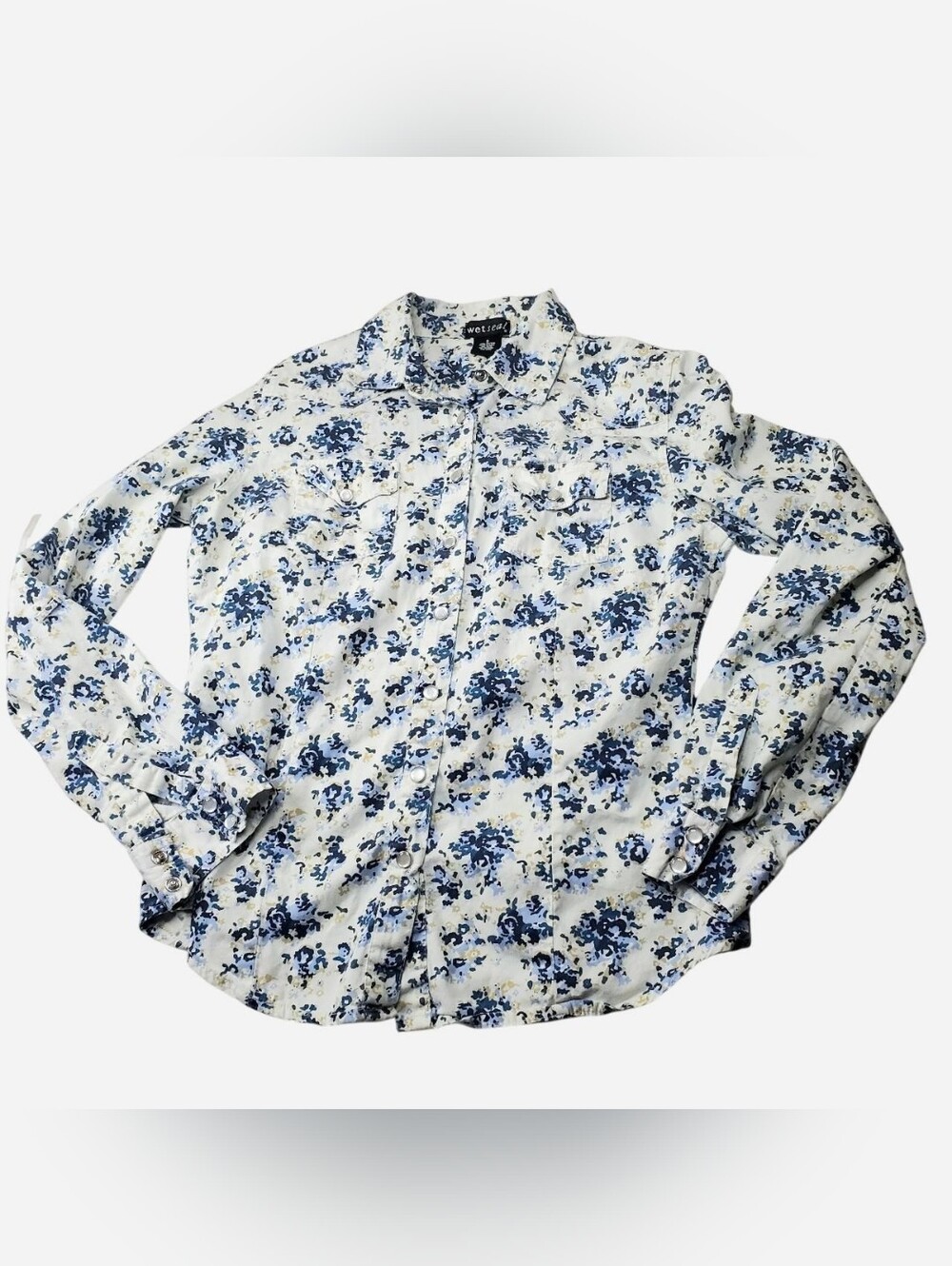 Vtg Y2k Wet Seal Button Down Top Womens Small White Blue Floral Office Siren - Picture 2 of 10